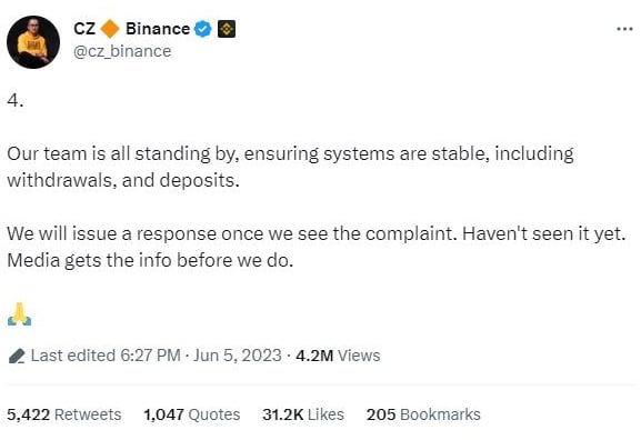 Binance CEO Response to SEC Complaint