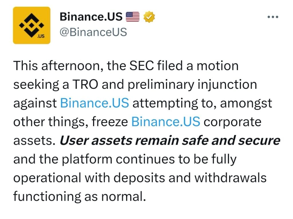 Binance tweet on new SEC move