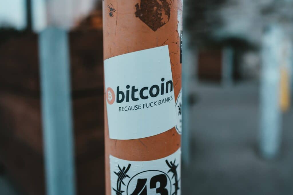 "Bitcoin because fucks banks", sticker on a pole in the street.