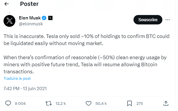 Tweet from Elon Must from 2021 to announce that Tesla will no longer accept Bitcoin in payments