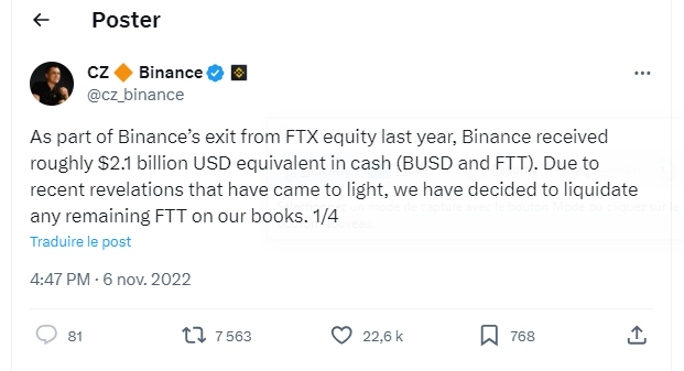 CZ's Twitter from November 2022 during the FTX collapse