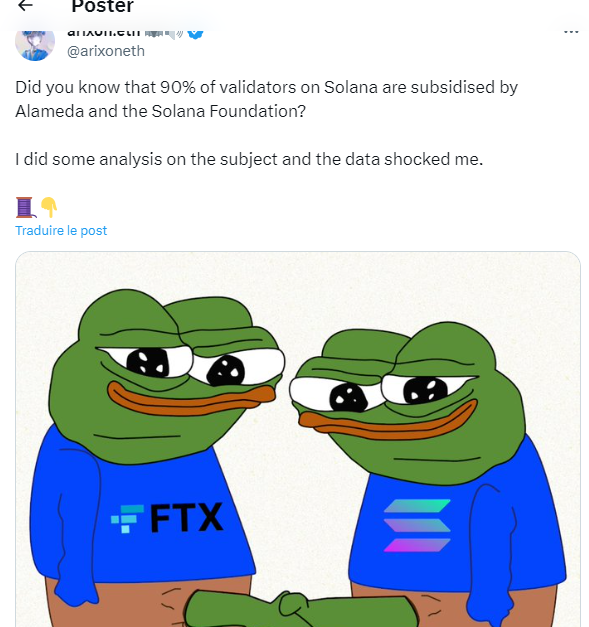 Tweet from the analyst on the centralization of Solana and its crypto SOL