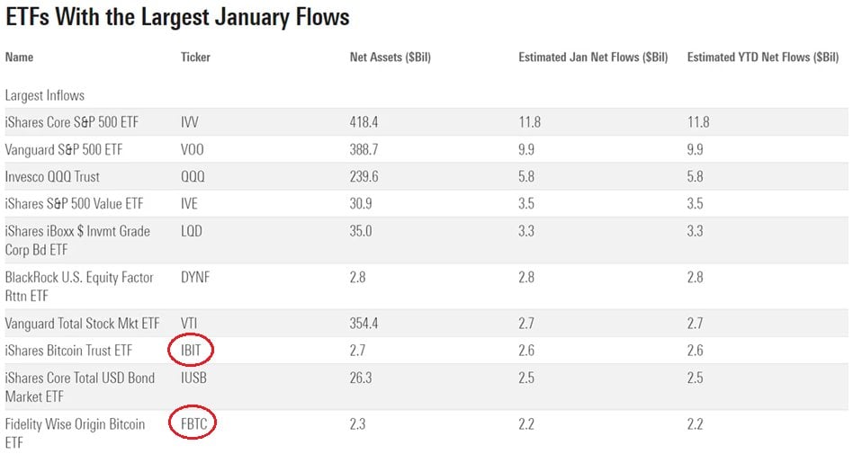 Bitcoin ETF - Top 10 ETFs with the most flows in January - source: Nate Geraci on X