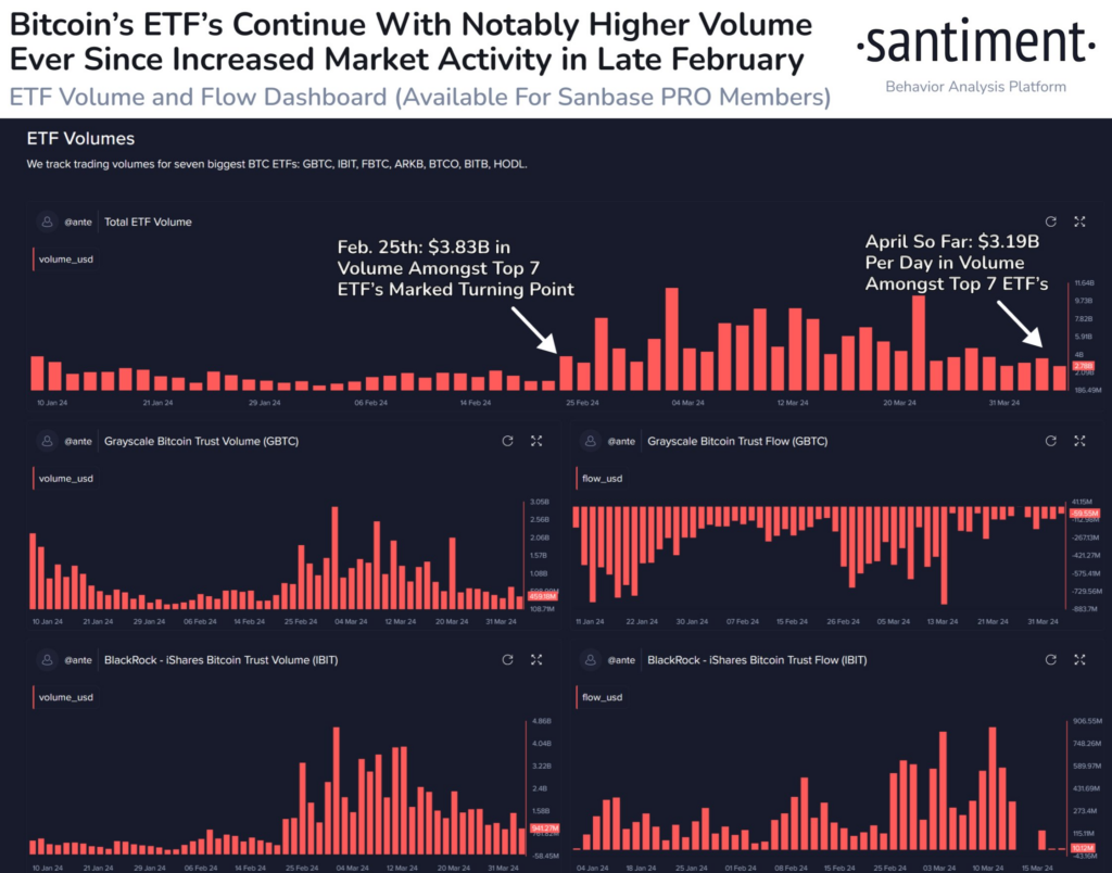 Bitcoin ETF daily volumes up ahead of Halving. (Source: Santiment)