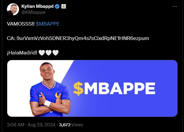 To promote $MBAPPE, crypto hackers posted messages on his X account to encourage his millions of followers to invest