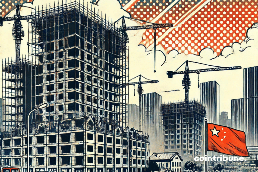 A cityscape in China or around the world with half-finished construction sites, symbolizing the real estate crisis. In the background, modern buildings sit alongside dilapidated structures, reflecting the government's desire for renovation. The sky is slightly cloudy, adding a touch of tension and uncertainty, while construction cranes are visible but appear to be inactive.