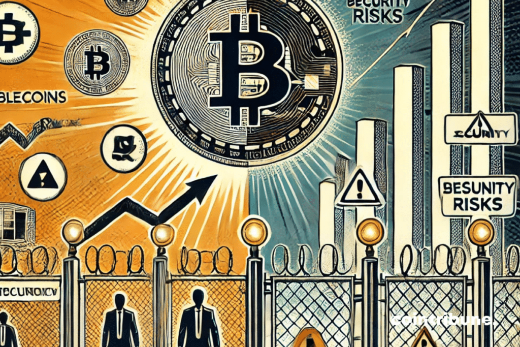 The delicate balance between technological innovation and financial risks. In the center is a coin symbolizing stablecoins, with growing blockchains and financial charts on one side, representing the potential benefits of this crypto for the global financial system. On the other side, safety barriers and warning symbols, human silhouettes highlighting risks and concerns in terms of regulation and stability.