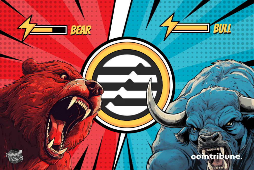 APT logo, red and blue background, with an enraged red bear and blue bull on both sides. At the top of each, we can see each person's power bar.