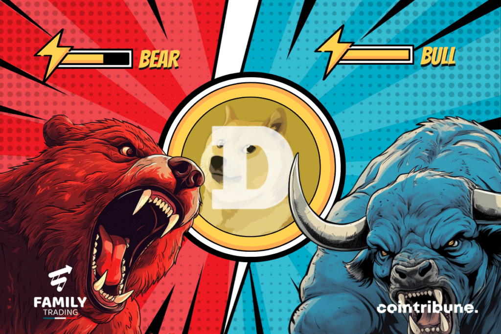 DOGE logo red and blue background with an angry red bear and blue bull on both sides. At the top of each, we can see each person's power bar.