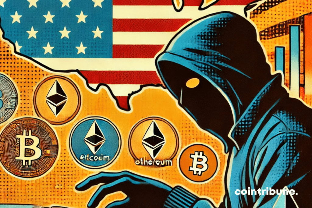 A mysterious hacker silhouette in the background, typing on a keyboard, with a map of the United States in the background. The map partially fades, while crypto symbols appear to be sucked into the void, symbolizing the disappearance of the $20 million in crypto stolen from DeFi.