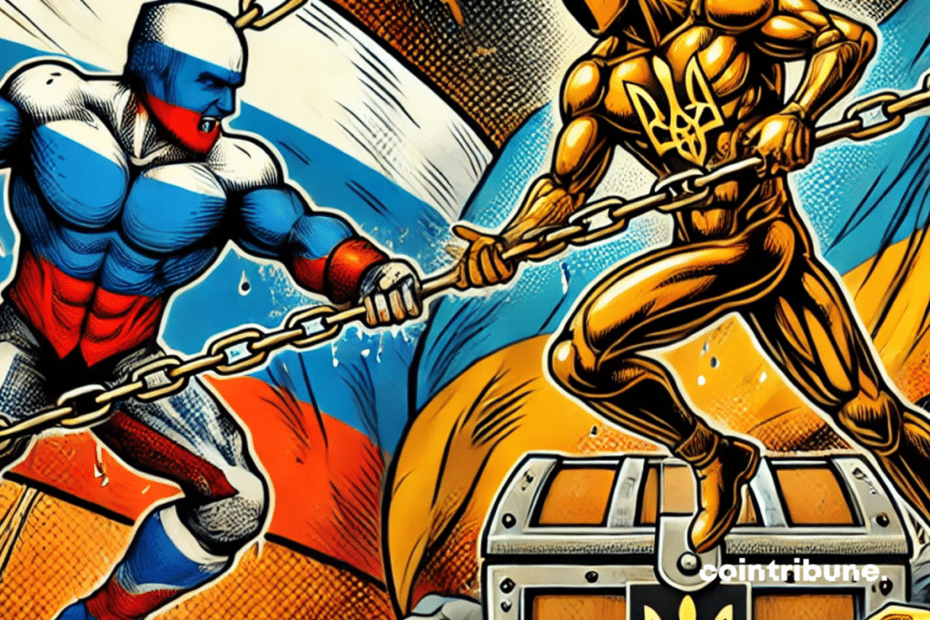 Two stylized characters represent Russia and Ukraine. The Russian character, in a defiant posture, holds chains symbolizing frozen assets. The Ukrainian character reaches for a chest full of ingots, but cannot reach it. Lightning flashes or shockwaves between the two to illustrate tension. Dominant colors: orange, black, and white with touches of gold for the assets.