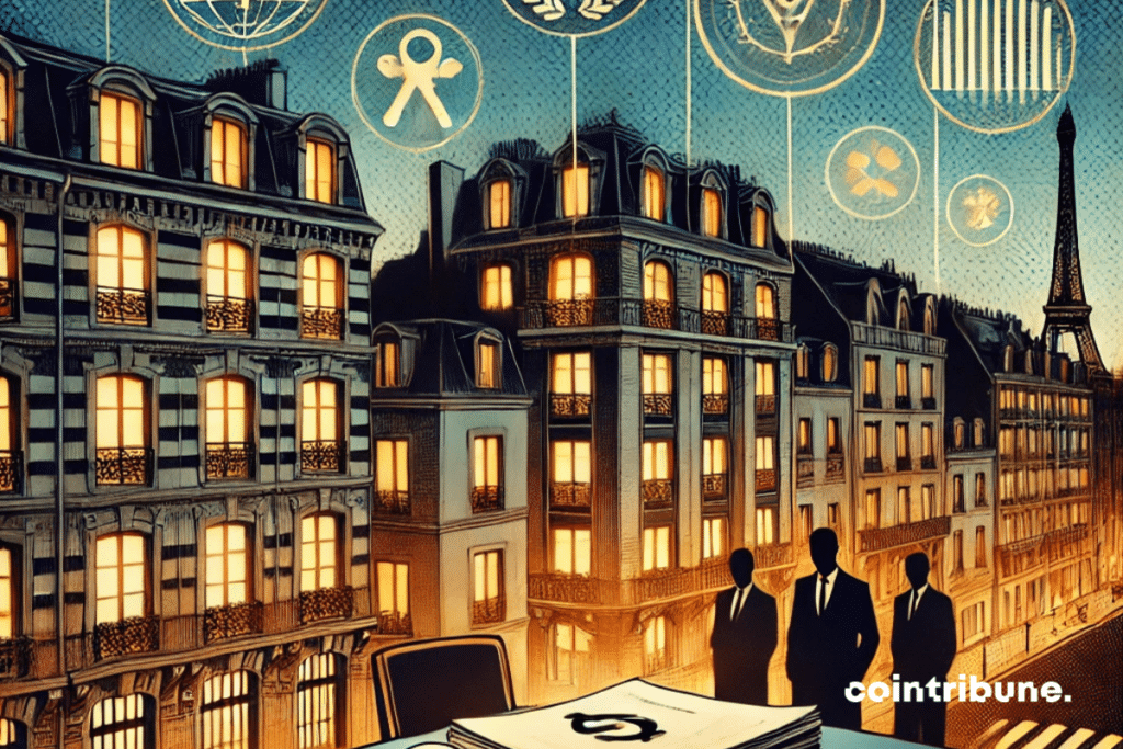 A nighttime cityscape in France, with luxurious buildings in the background softly illuminated, evoking prestigious properties. In the foreground, legal and financial documents stacked on a table, surrounded by golden keys and discreet symbols representing sanctions and international transactions. The atmosphere is heavy, with dark shades and dim lighting, suggesting the idea of ​​a complex investigation and ongoing legal action against Russia.