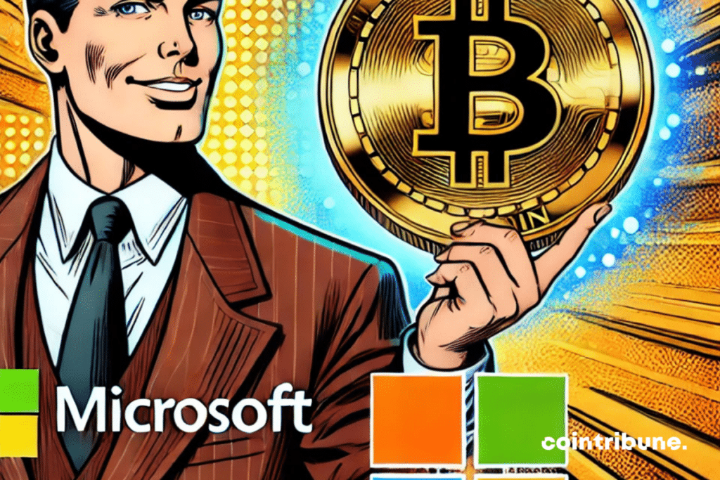A generic character in a suit, resembling a business executive, with a confident expression and slight smile. He is holding a big shiny Bitcoin in his hands. Behind him, the Microsoft logo is visually merging with the shape of Bitcoin, creating a bright and energetic effect. This symbolizes the synergy between institutional power and the crypto universe.