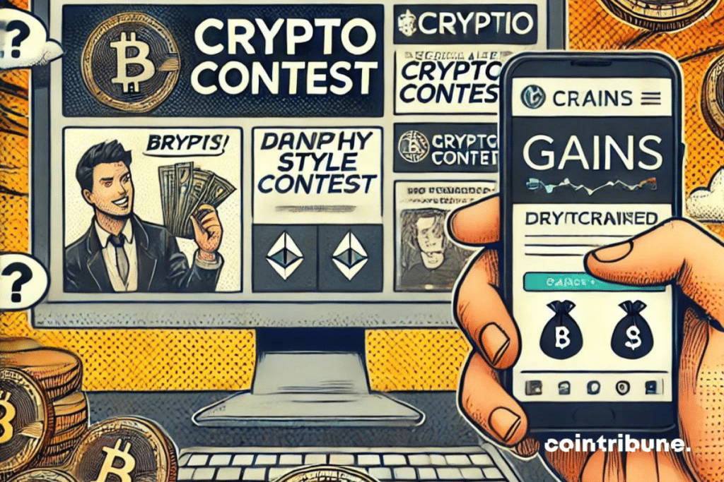 A computer screen showing a web page with an eye-catching banner featuring a crypto competition. Next to the screen, a hand holds out a smartphone open to a decentralized finance app with notifications of earnings across LEDGTY and LUSDC. In the background, subtle crypto elements, such as Bitcoin coins and token symbols, are discreetly integrated into the decor to suggest the theme without drawing too much attention.