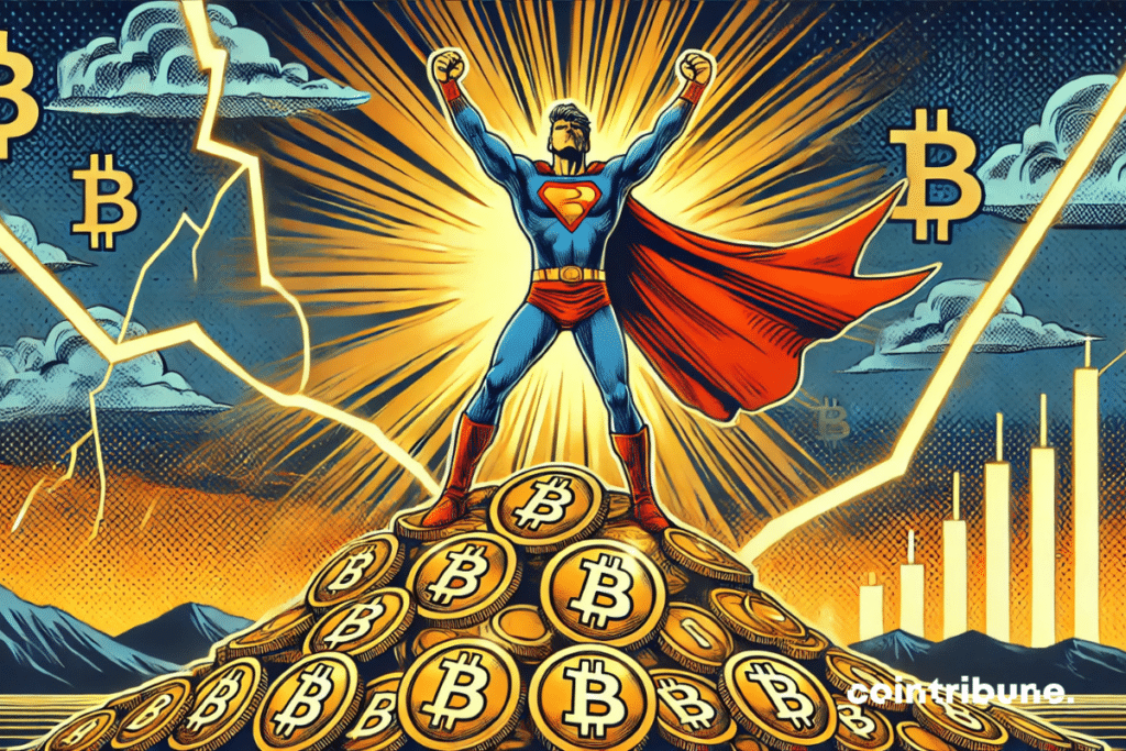 A triumphant figure on top of a Bitcoin mountain, under a stormy sky with lightning and financial graphs in the crypto universe.