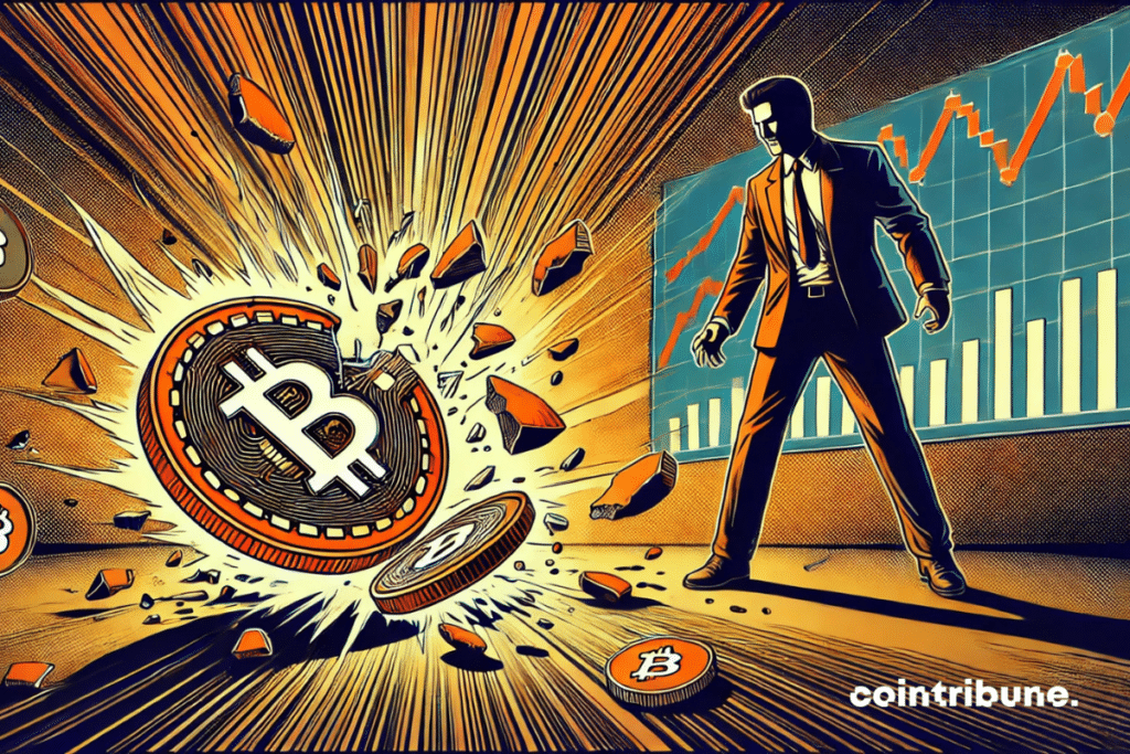 A cracked Bitcoin coin falling to the ground, with a background showing a declining graph.