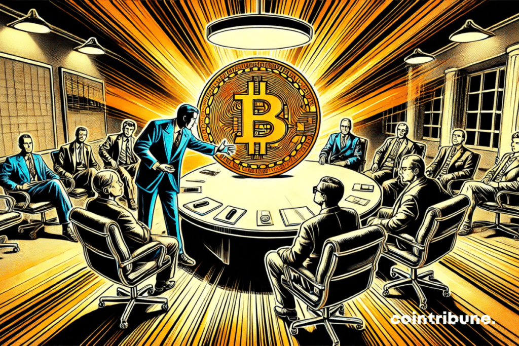 A conference room with people in costumes chatting around a large table. In the center, a luminous Bitcoin coin sits as the main subject. A banker in a dark suit reaching into the room. The BTC coin in glowing orange.