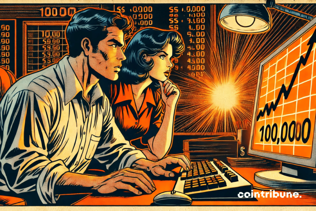 A man in a slightly rumpled shirt, frowning, leaning toward the screen. His gaze is anxious, showing a mixture of anticipation and nervousness. Sitting near him, a woman also looks at the screen with a tense expression, pursed lips. She is in a waiting posture, leaning slightly forward, hands clasped. They hope that Bitcoin will cross the $100,000 mark.