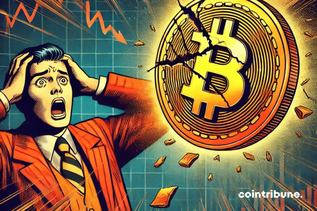 A cracked Bitcoin in full fall, with an investor in the background frozen in panic.