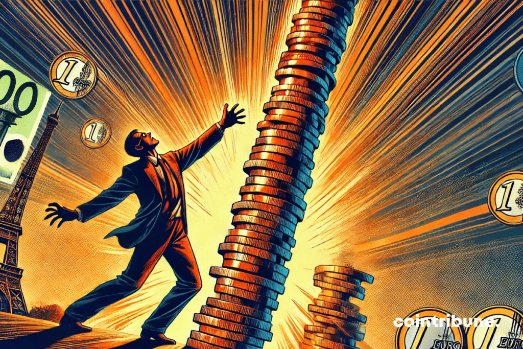 The scene takes place in a dark and austere room in France. In close-up, a character in a costume symbolizing an economic manager is at the center of the composition, arms outstretched, trying to stabilize a tall, wavering tower of coins and euro notes. The tower is dramatically lit, heightening the risk of imminent deficit collapse.