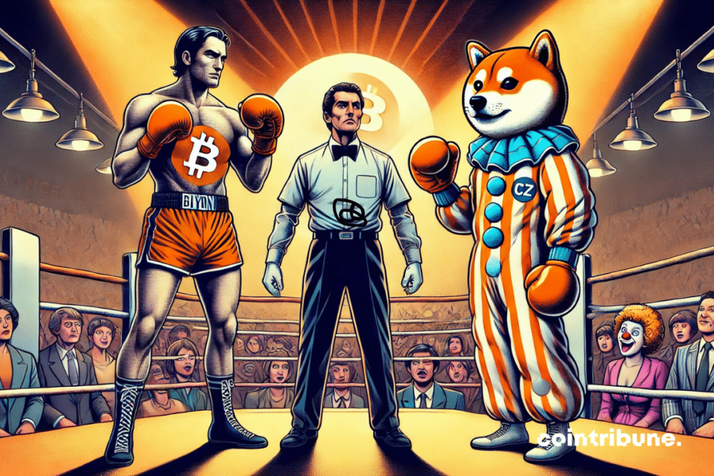 A Bitcoin boxer faces a Shiba Inu clown (memecoin) in a ring while a referee looks on.