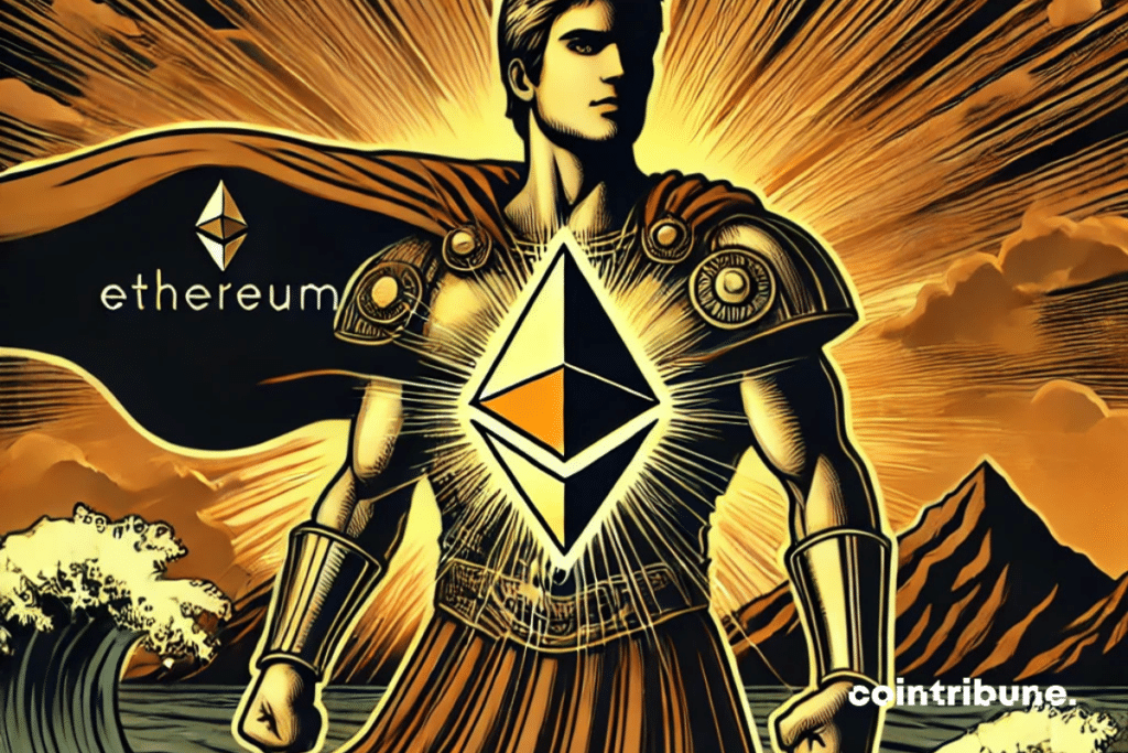 The hero embodies Ethereum as a stoic figure, wearing a suit or stylized armor with the Ethereum logo in the central motif, as a symbol of power and perseverance. in the crypto universe. He faces the viewer, posture straight and imposing, one hand stretched slightly forward as if he is moving forward.
