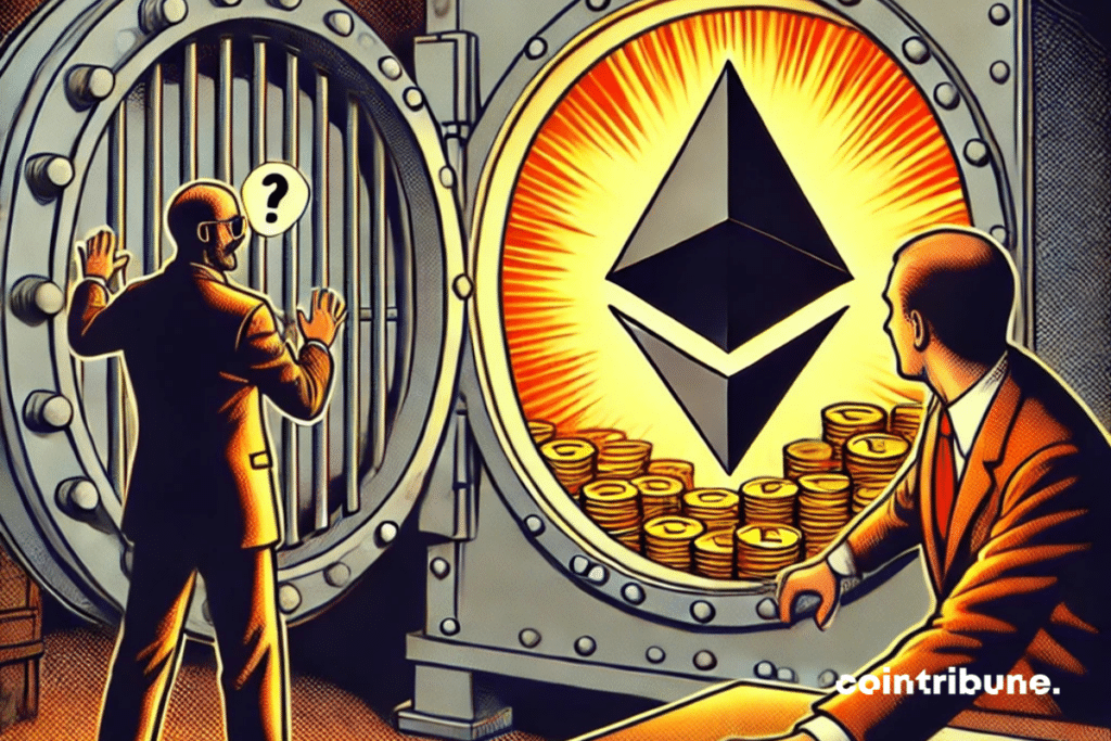 Close-up of a bank vault with an illuminated Ethereum logo inside. An intrigued banker or investor looking at the safe. The inside of the chest containing a glowing Ethereum crypto logo.
