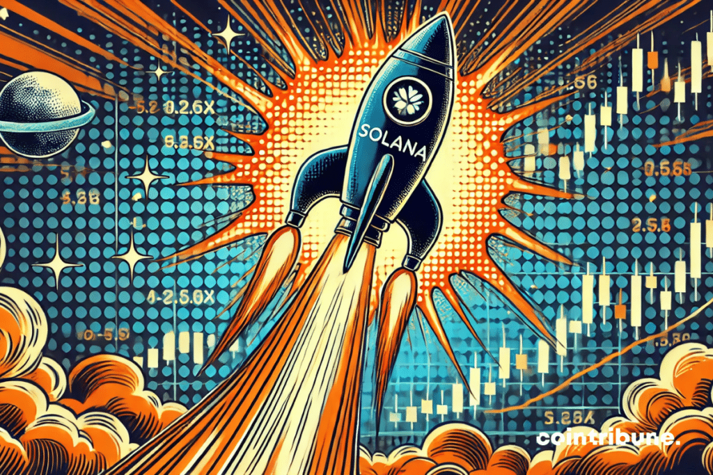 Solana Rocket: A rocket with the Solana logo takes off, leaving behind graphic-shaped flames in the crypto universe.