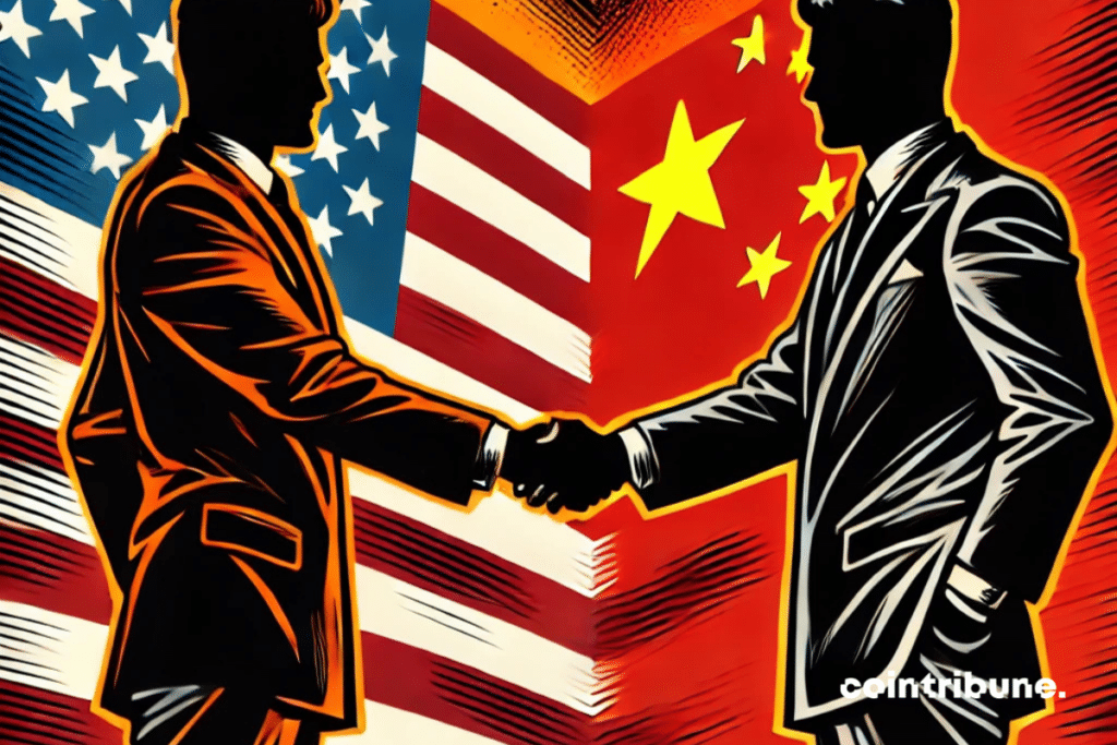 A United States leader firmly shaking the hand of a businessman from China. Their expressions are serious and tense, giving the impression of a trade war despite the handshake.