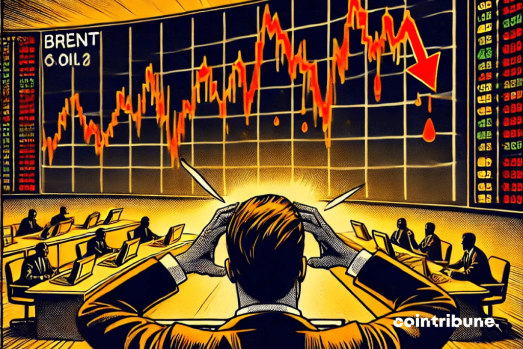 Wide shot of a dark trading room, with an investor in the back foreground, hands on his head, showing a panicked reaction to data related to the oil economy. The composition gives a clear view of the screens behind him, taking up about the top two-thirds of the image.