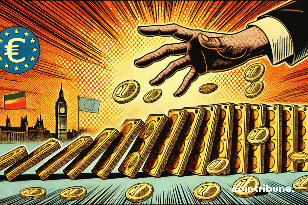 Economy: Stacks of euro coins collapsing like a game of dominoes against the dollar, against a European skyline. A hand trying to stop the collapse.