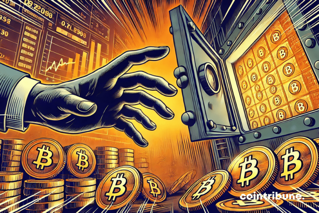 An open vault filled with stylized Bitcoins that symbolize MicroStrategy. A hand outstretched towards a pile of Bitcoins. Shadows of financial screens, bright but tense atmosphere.