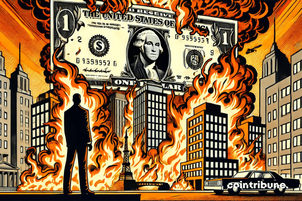 An American cityscape with a gigantic bank note in flames, symbolizing an unstable economy. A silhouette of a figure from the European Central Bank observing the scene, as a warning.