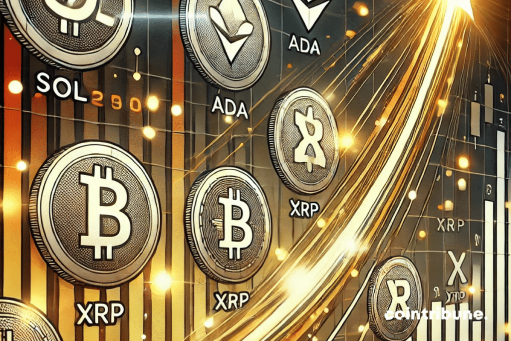 A rise in the cryptocurrency market, with graphics representing Solana (SOL), Cardano (ADA) and XRP. The icons or symbols of these cryptos appear in a discreet but identifiable manner, placed in the foreground on a background evoking an ascending market curve or a growth graph. The background could show bright lights or lines of motion symbolizing speed, scalability and innovation.