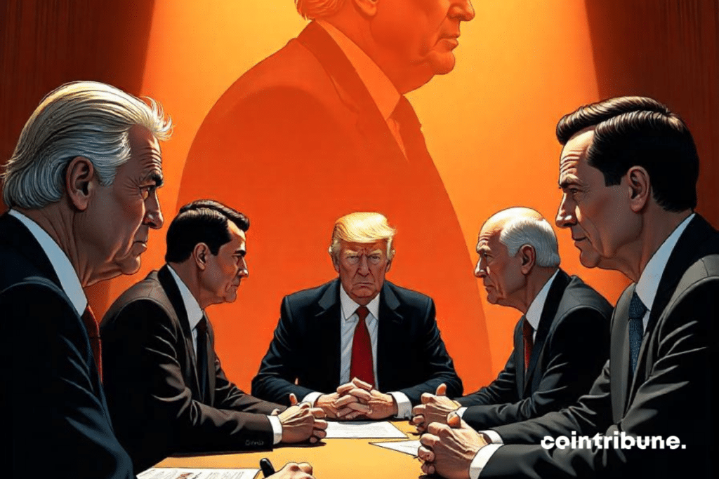 A group of European leaders gathered in a conference room, faces serious and concerned, exchanging thoughtful glances, while a shadow of Donald Trump symbolizing the United States looms in the background. On the table in front of them, documents bearing the words "NATO", "Ukraine"And "Economy" are scattered, symbolizing pressing topics of discussion. The lighting is dim, creating an atmosphere of uncertainty and tension, highlighting the issues of European strategic autonomy in the face of the challenges posed by the return of Trump.