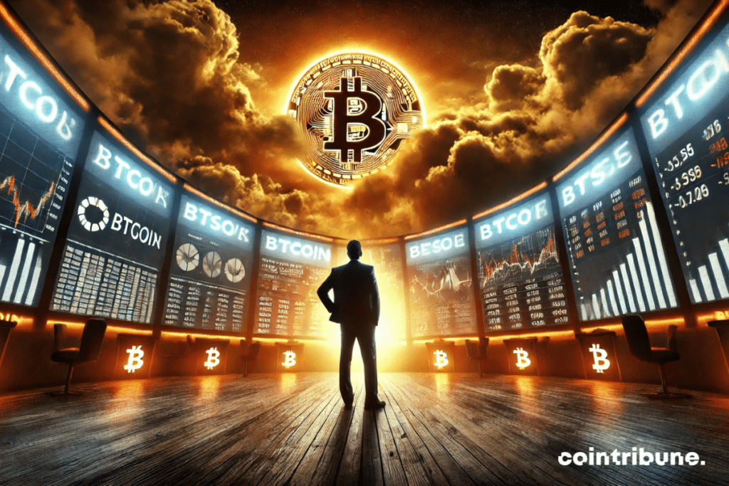 A Bitcoin trader watches the price