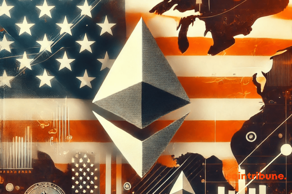 The Ethereum logo on an American flag background.