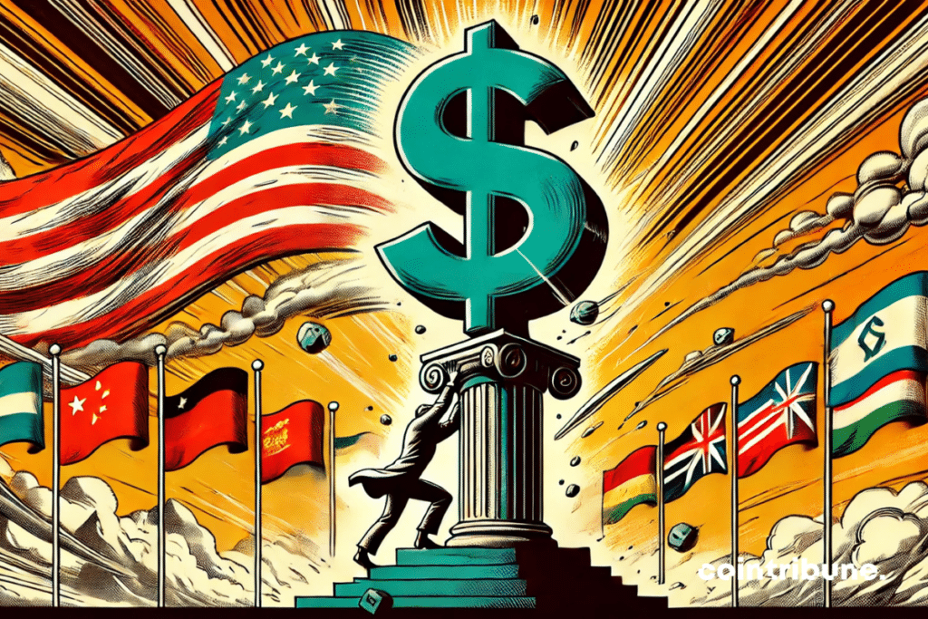 Wide shot of a giant dollar on a pedestal, with Trump at the bottom trying to steady it as BRICS flags blow like a menacing wind.