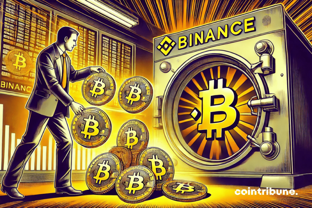A crypto investor placing many Bitcoins in a giant vault emblazoned with the Binance logo.