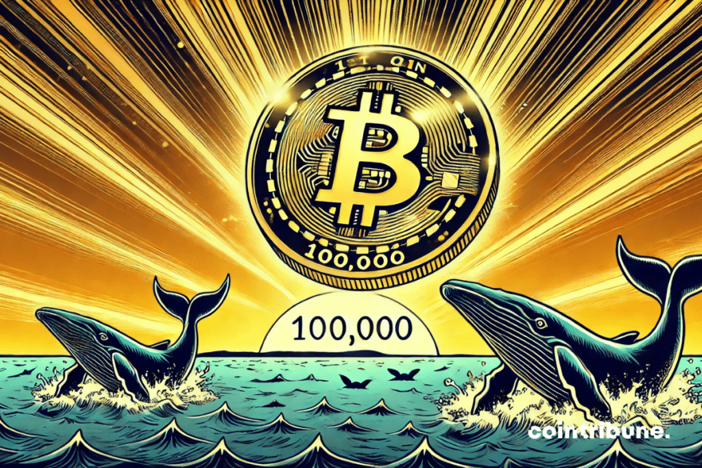 A large golden Bitcoin coin rising into the sky, with the number “100,000” glowing on it. Whales observing from the ground, in a waiting posture.