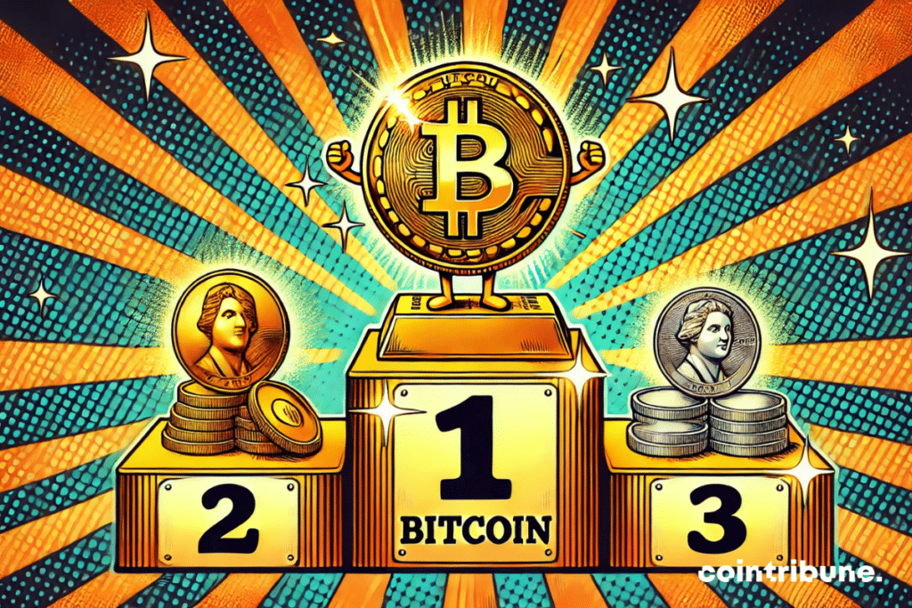 Front view of a podium with Bitcoin in first place, gold in second and silver in third.