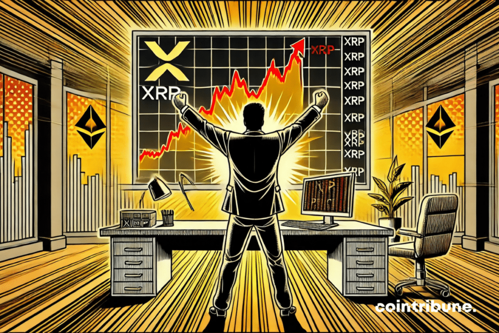 A modern office in the crypto space, close-up view of a screen showing a sharply rising XRP chart. A trader in a suit, arms raised, expression of triumph.
