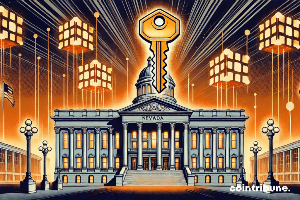 An iconic government building in Nevada, overlooked by a huge holographic digital key representing blockchain security. The digital key glows and connects to floating blocks around the building.