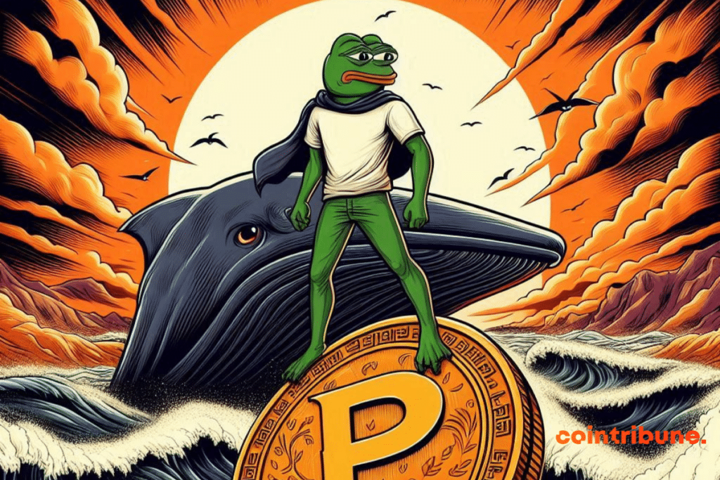 Frog representing PEPE surfing on a coin in front of a whale
