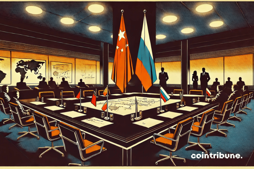 A dark, modern office, representing a geopolitical strategy room, with a large table where world maps and confidential documents are spread out. In the center, two flags: Chinese and Russian, symbolizing strategic collaboration. Blurry silhouettes of people in suits representing China and Russia chat in the background, suggesting secret decision-making. A subdued light partially illuminates the scene, creating an atmosphere of tension and preparation, subtly oriented towards a context of economic and diplomatic sanctions linked to Taiwan.