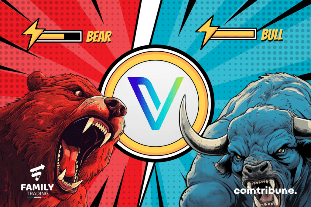 Vet logo red and blue background with an angry red bear and blue bull on both sides. At the top of each, we can see each person's power bar.