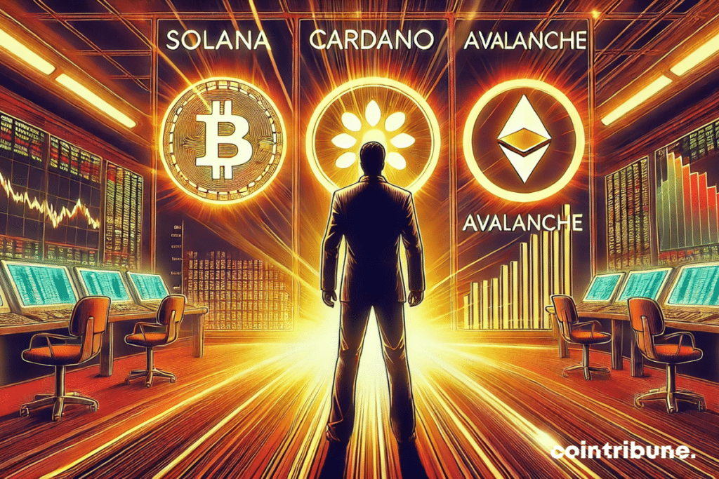 A trader from behind watches a futuristic screen where the altcoins Solana, Cardano and Avalanche are highlighted.
