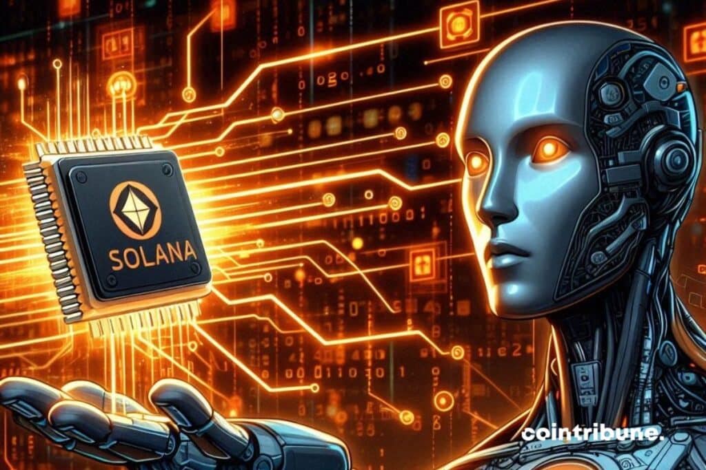 A humanoid AI with a processor representing the Solana crypto blockchain