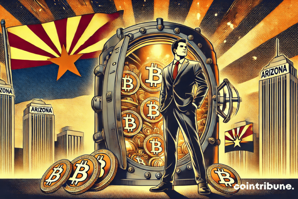 The Governor of Arizona in front of his Bitcoin reserve