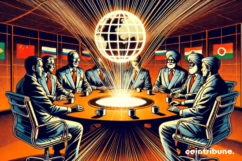 An intense discussion between leaders around a round table, symbolizing the creation of a common BRICS currency to overthrow the dollar.